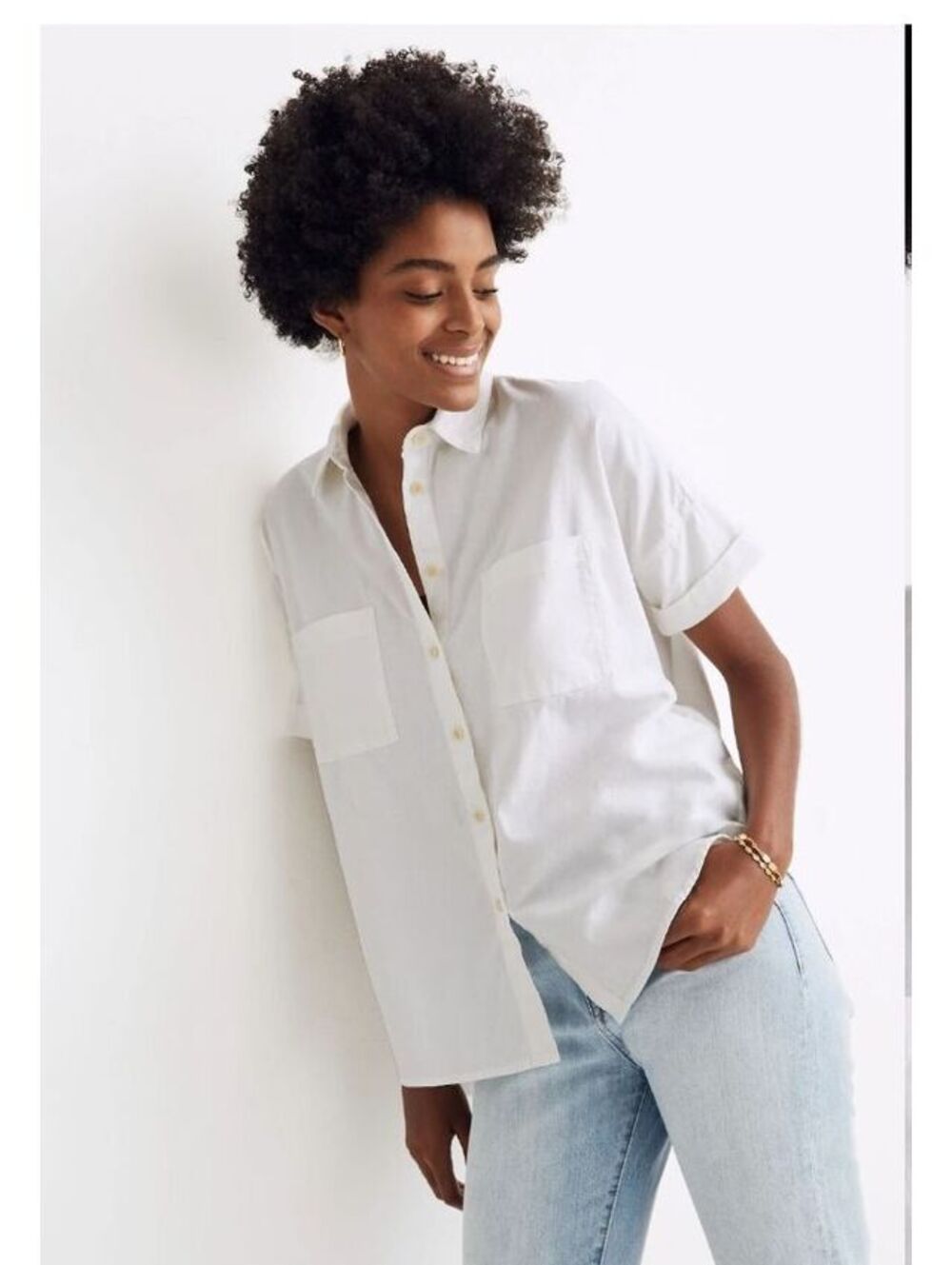 Madewell White Cotton Courier Shirt C4393 Oversized Boxy Button Up Size Medium